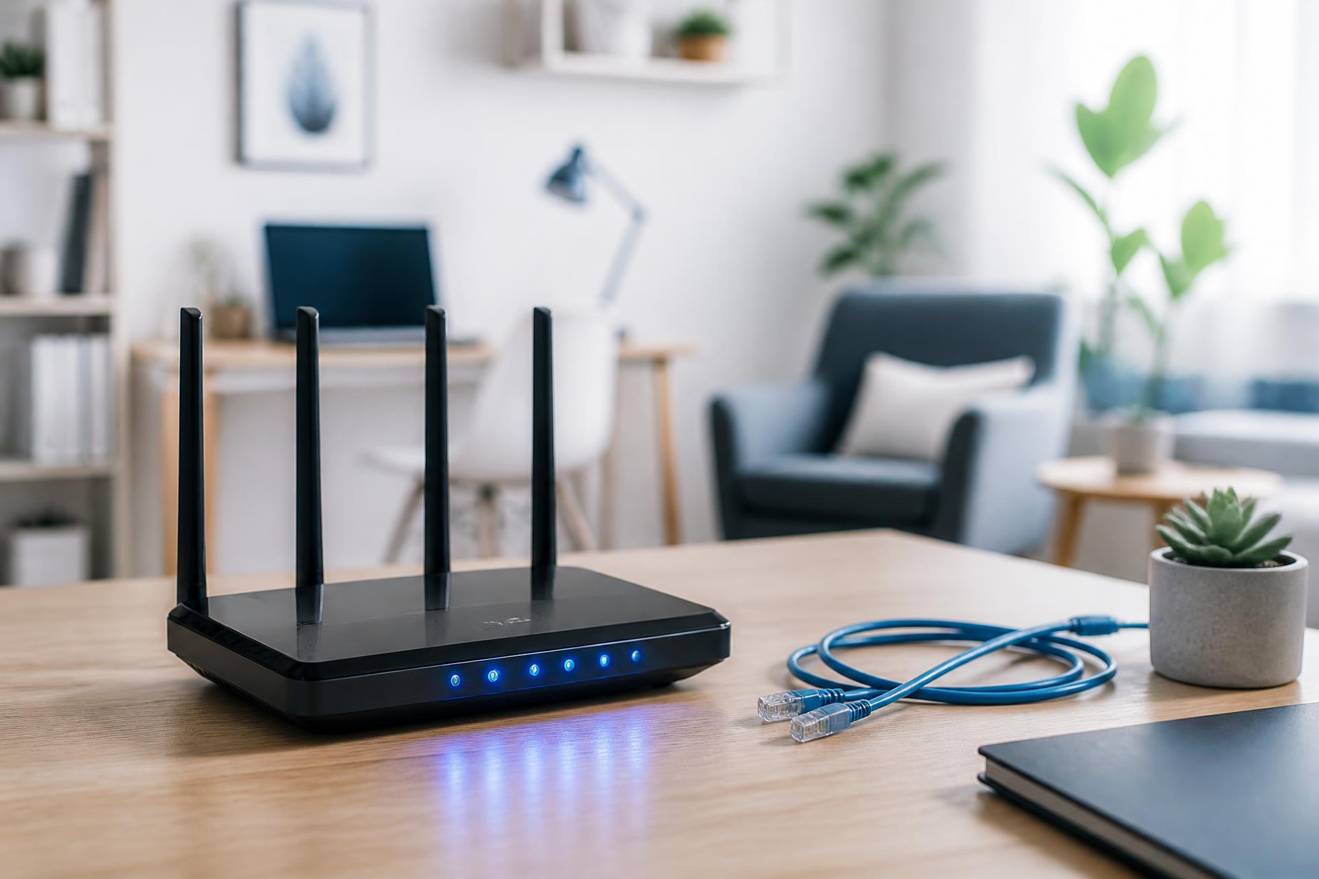 Router og netværkskabler på et lyst skrivebord